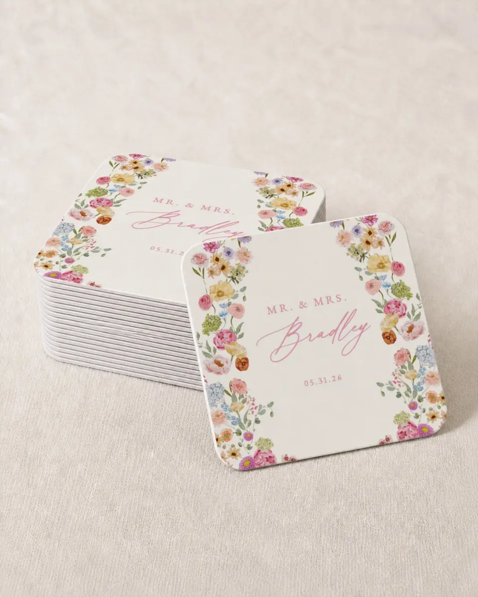 This is a 4" x 4" Wedding Coaster called The Florence printed in full color on Kraft Chipboard paper