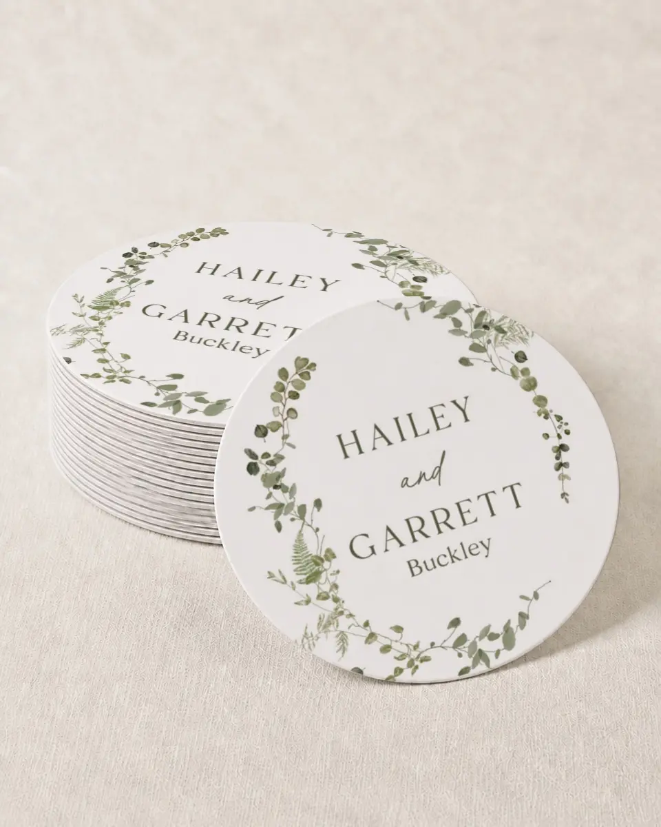 This is a 4" x 4" Wedding Coaster called The Hailey printed in full color with Gold foil on Kraft Chipboard paper
