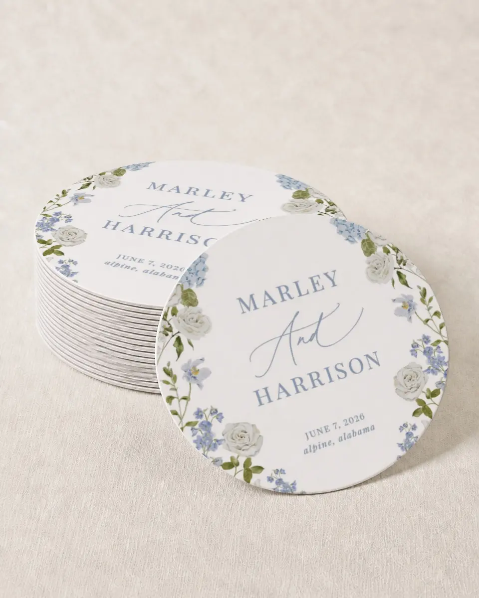 This is a 4" x 4" Wedding Coaster called Blue Blossoms printed in full color on Kraft Chipboard paper