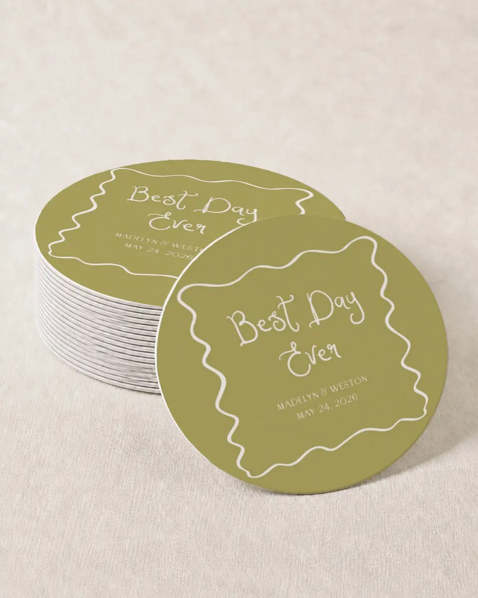 This is a 4" x 4" Wedding Coaster called Whimsical Garden printed in full color with Gold foil on Kraft Chipboard paper