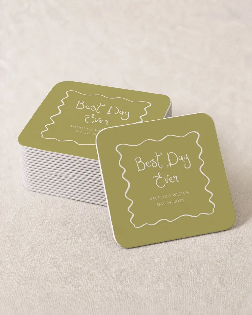 This is a 4" x 4" Wedding Coaster called Whimsical Garden printed in full color on Kraft Chipboard paper