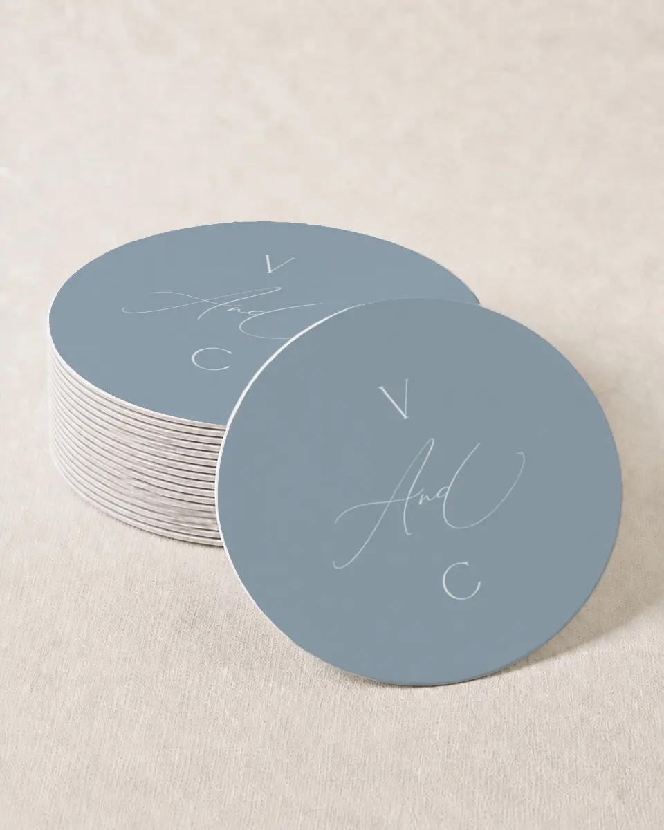 This is a 4" x 4" Wedding Coaster called The Victoria printed in full color with Gold foil on Kraft Chipboard paper
