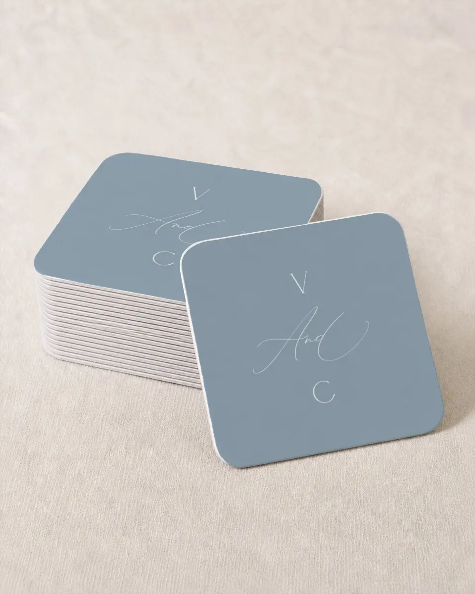 This is a 4" x 4" Wedding Coaster called The Victoria printed in full color on Kraft Chipboard paper