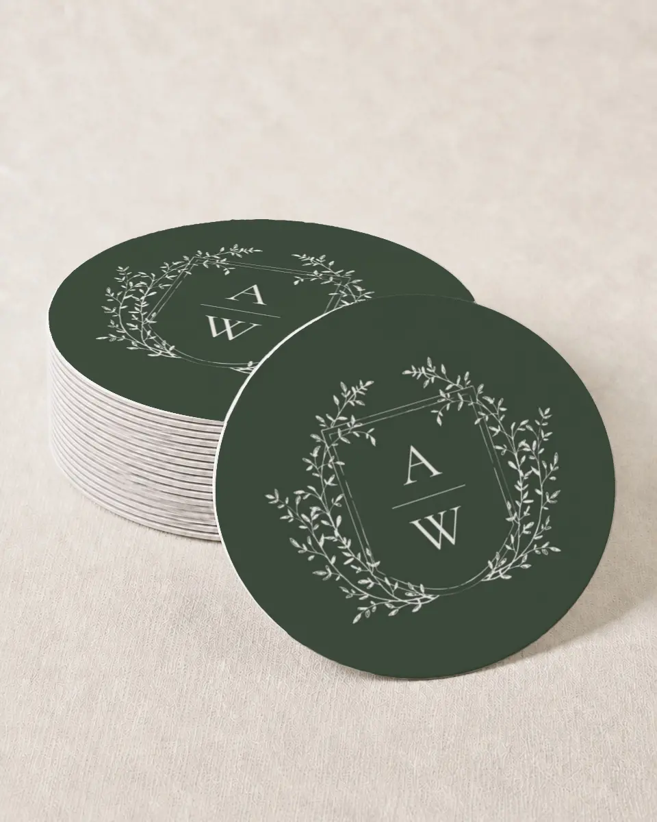 This is a 4" x 4" Wedding Coaster called The Adaline printed in full color with Gold foil on Kraft Chipboard paper