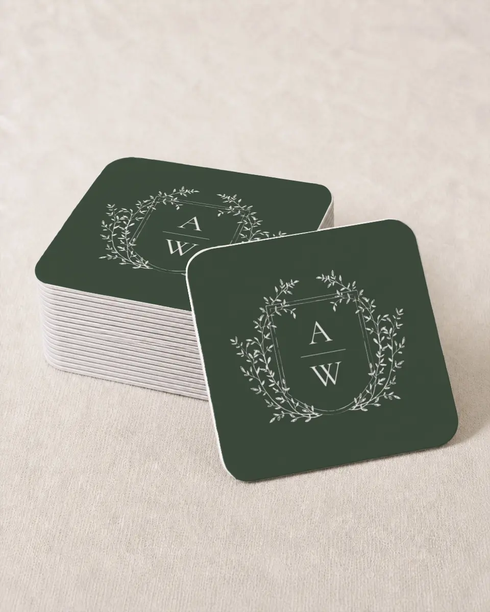 This is a 4" x 4" Wedding Coaster called The Adaline printed in full color on Kraft Chipboard paper