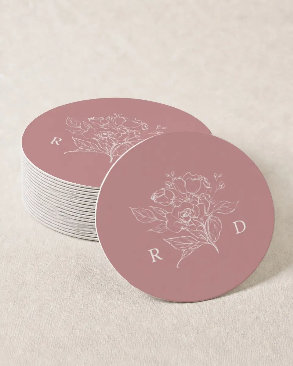 This is a 4" x 4" Wedding Coaster called Blushing Rose printed in full color with Gold foil on Kraft Chipboard paper
