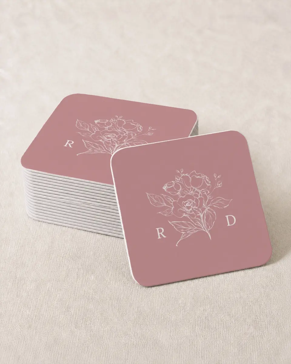 This is a 4" x 4" Wedding Coaster called Blushing Rose printed in full color on Kraft Chipboard paper