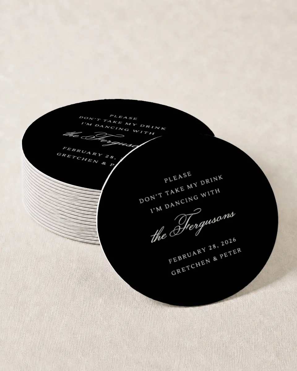This is a 4" x 4" Wedding Coaster called Elegant Tradition printed in full color with Gold foil on Kraft Chipboard paper