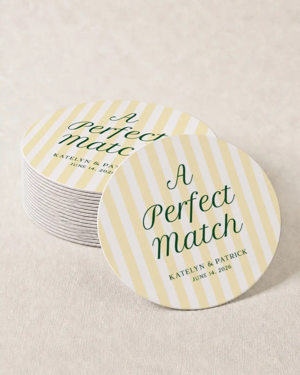 This is a 4" x 4" Wedding Coaster called A Perfect Match printed in full color with Gold foil on Kraft Chipboard paper