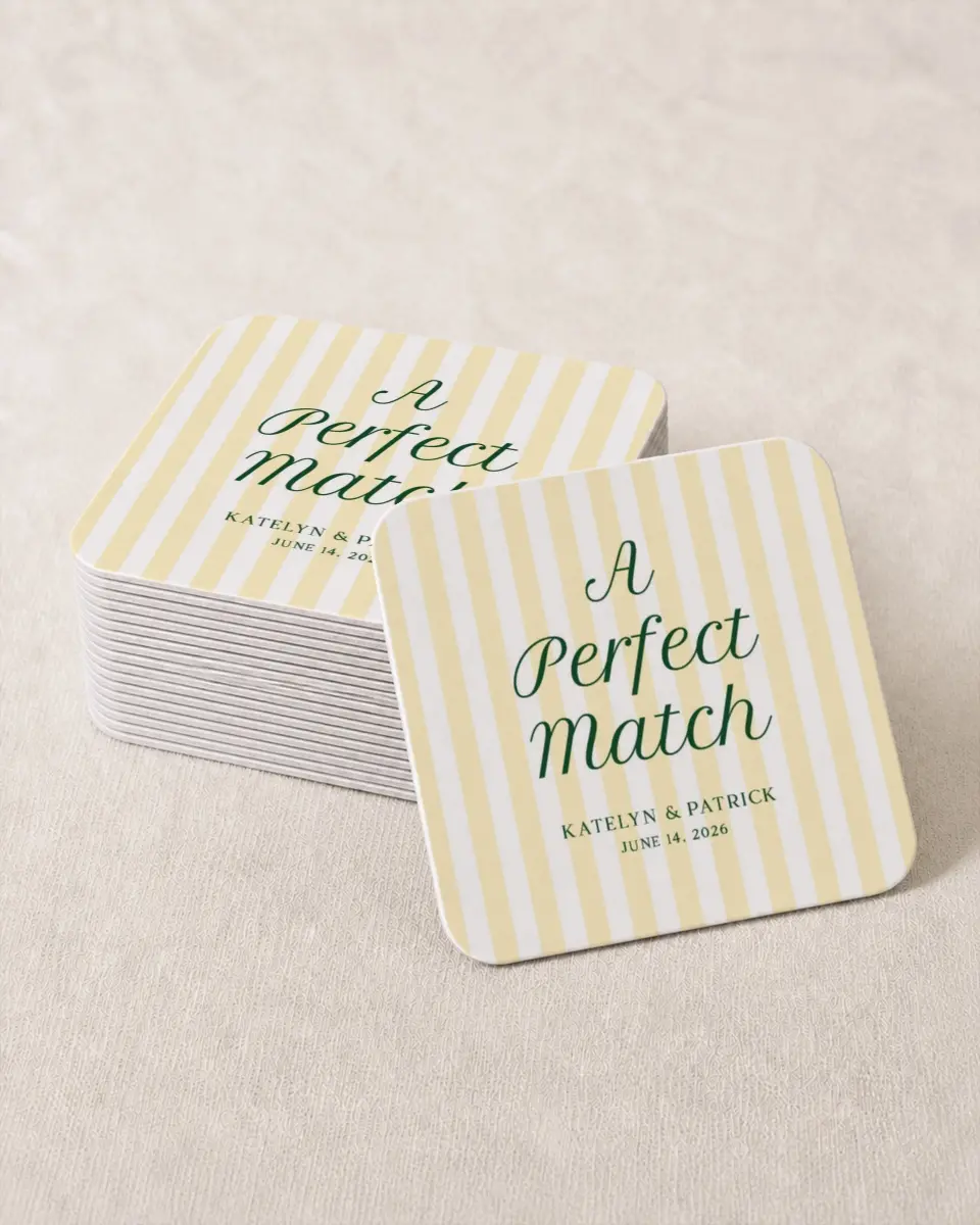 This is a 4" x 4" Wedding Coaster called A Perfect Match printed in full color on Kraft Chipboard paper