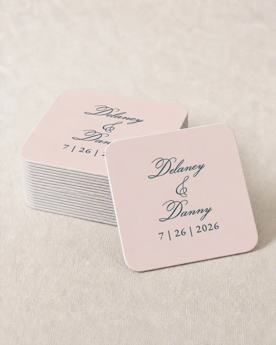 This is a 4" x 4" Wedding Coaster called Garden of Vows printed in full color with Gold foil on Kraft Chipboard paper