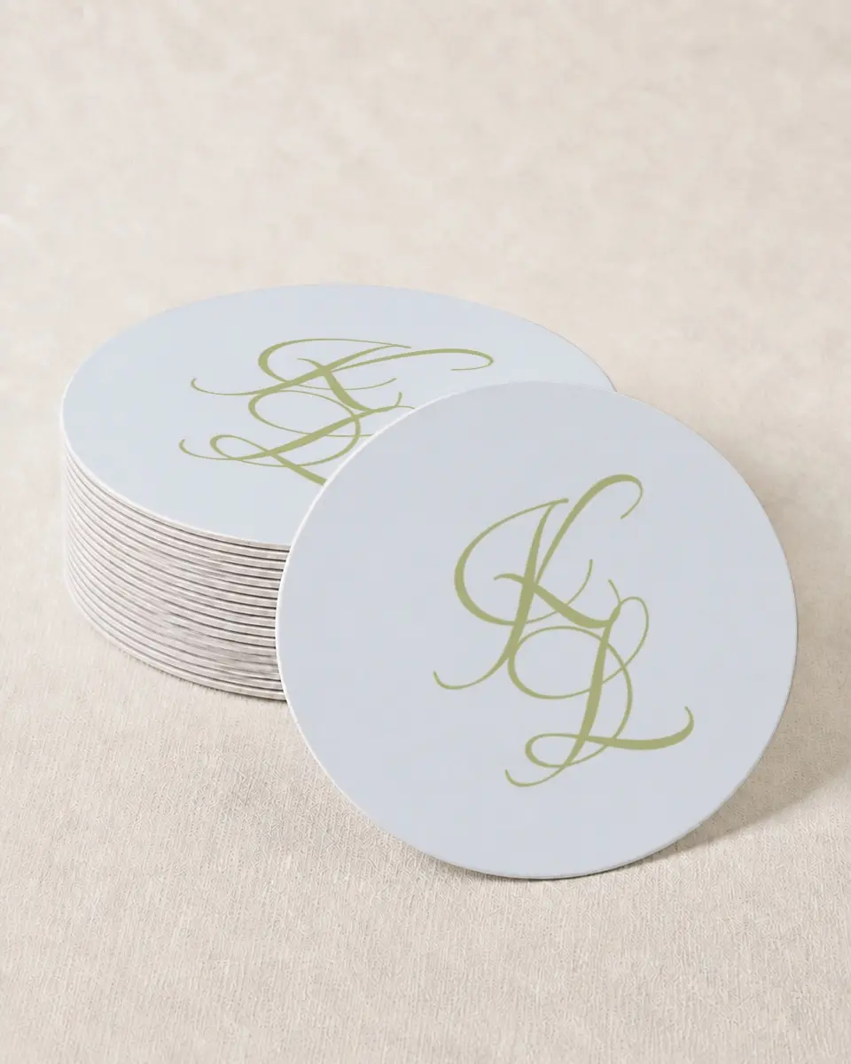 This is a 4" x 4" Wedding Coaster called Southern Belle printed in full color with Gold foil on Kraft Chipboard paper