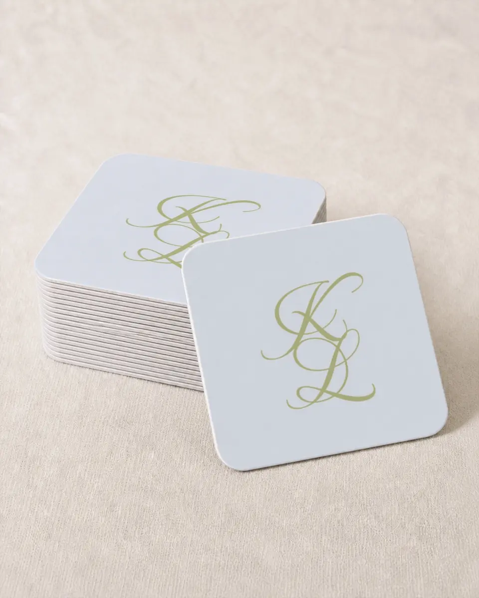 This is a 4" x 4" Wedding Coaster called Southern Belle printed in full color on Kraft Chipboard paper