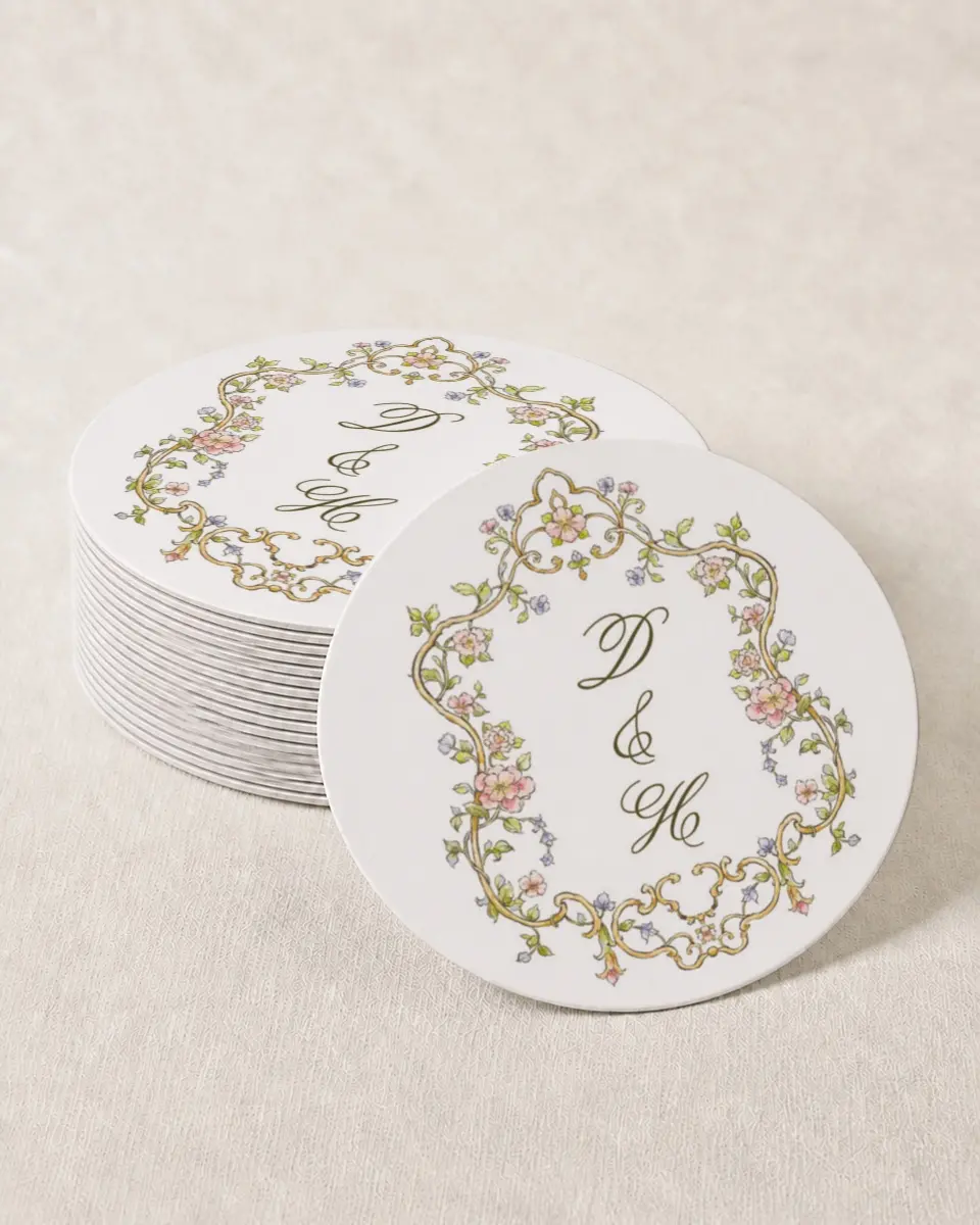 This is a 4" x 4" Wedding Coaster called Ever After printed in full color with Gold foil on Kraft Chipboard paper