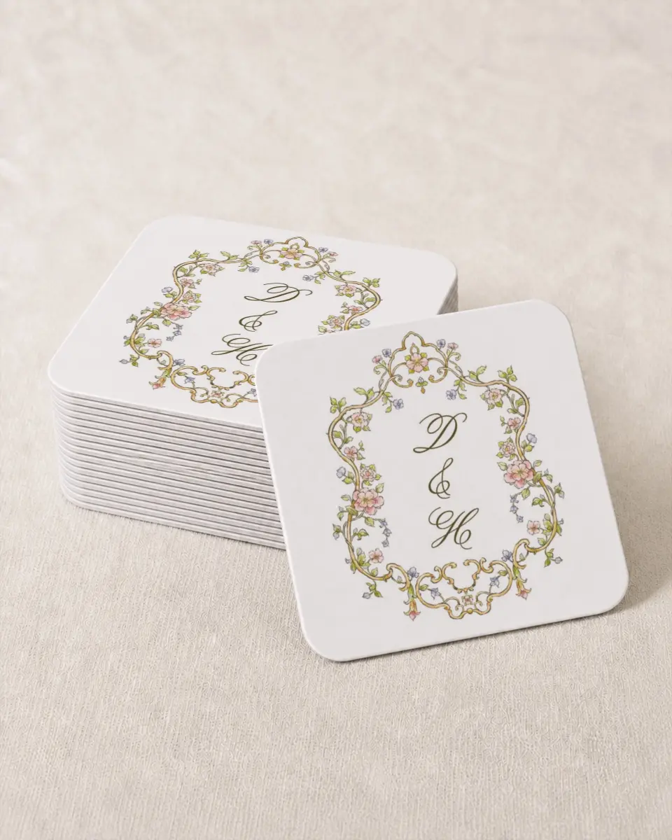 This is a 4" x 4" Wedding Coaster called Ever After printed in full color on Kraft Chipboard paper