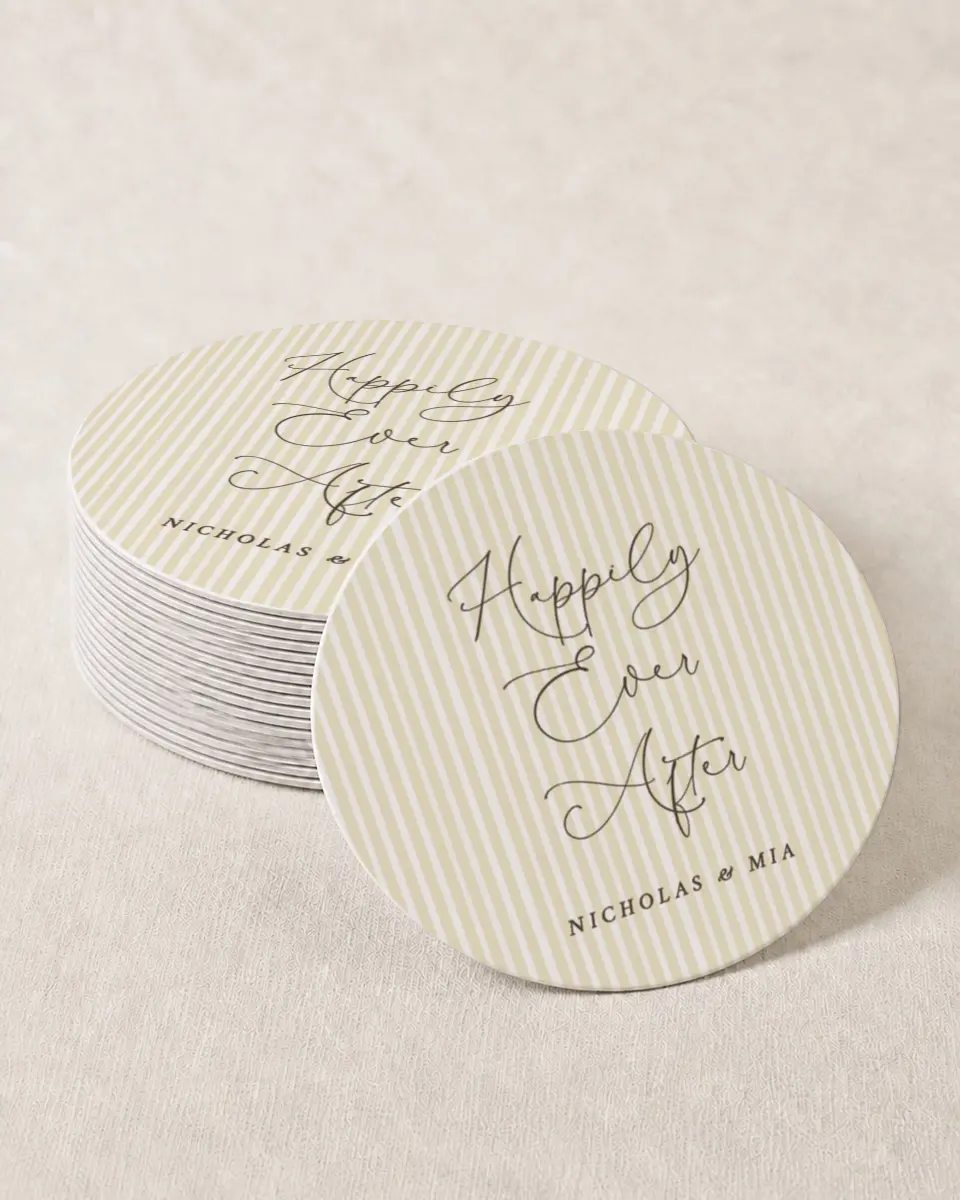 This is a 4" x 4" Wedding Coaster called Royal Glory printed in full color with Gold foil on Kraft Chipboard paper