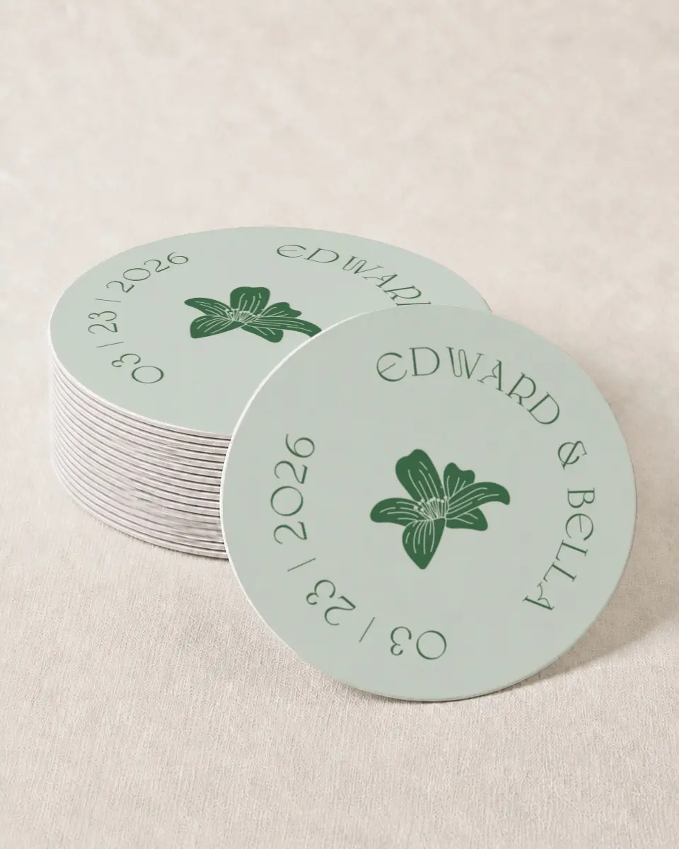 This is a 4" x 4" Wedding Coaster called Water Lily printed in full color with Gold foil on Kraft Chipboard paper