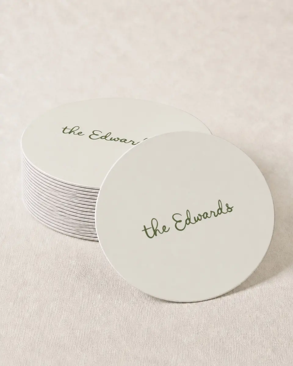 This is a 4" x 4" Wedding Coaster called Sweet Woodland printed in full color with Gold foil on Kraft Chipboard paper