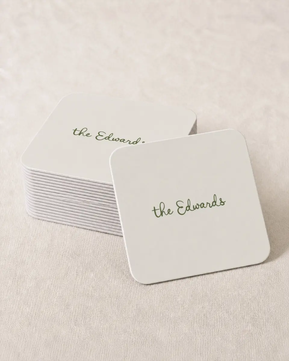 This is a 4" x 4" Wedding Coaster called Sweet Woodland printed in full color on Kraft Chipboard paper