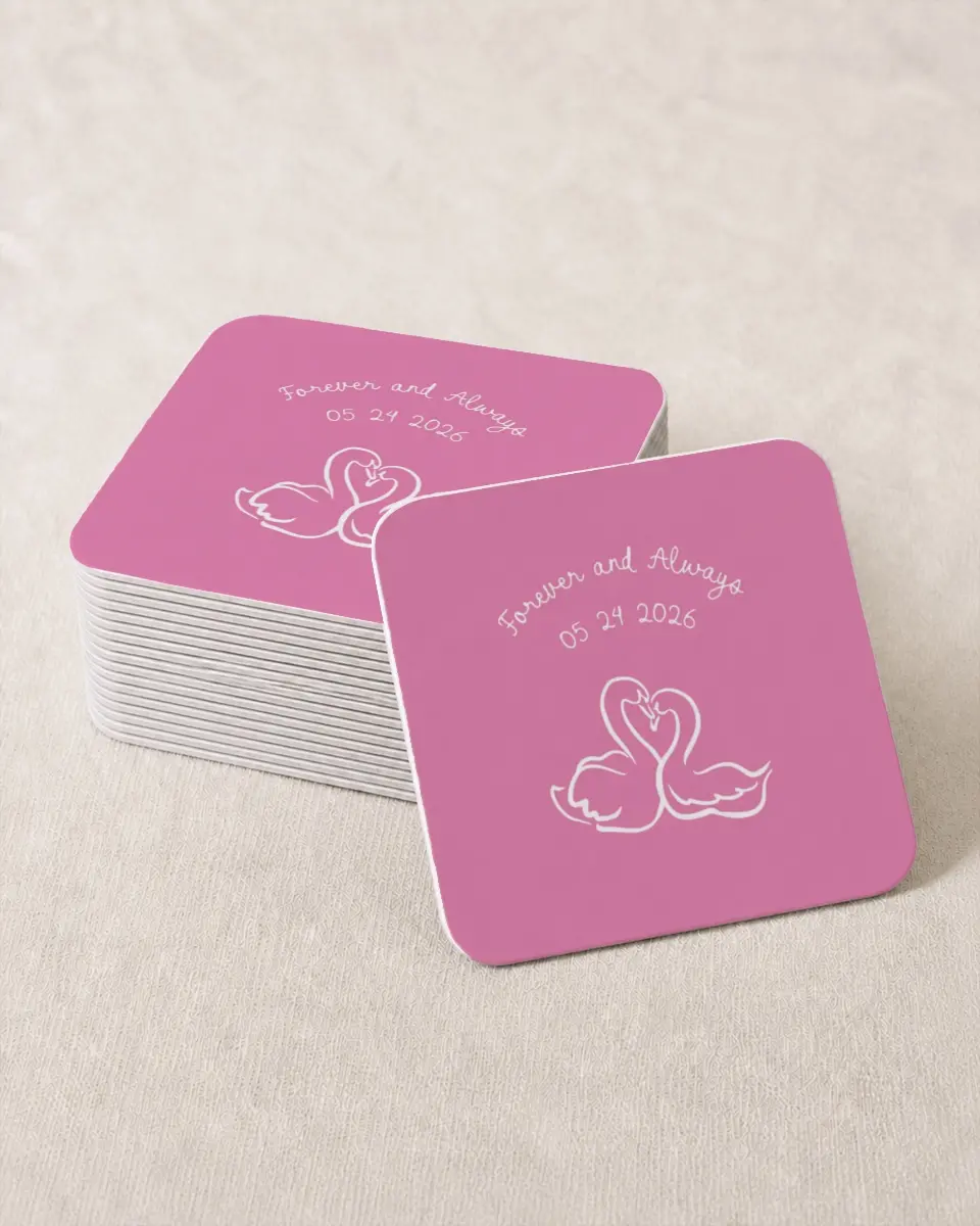This is a 4" x 4" Wedding Coaster called Swan Love printed in full color on Kraft Chipboard paper