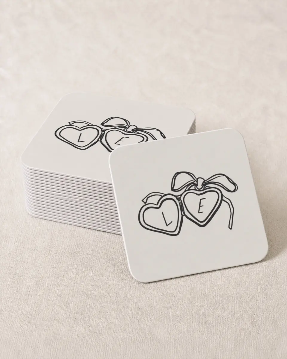 This is a 4" x 4" Wedding Coaster called Locket of Love printed in full color on Kraft Chipboard paper