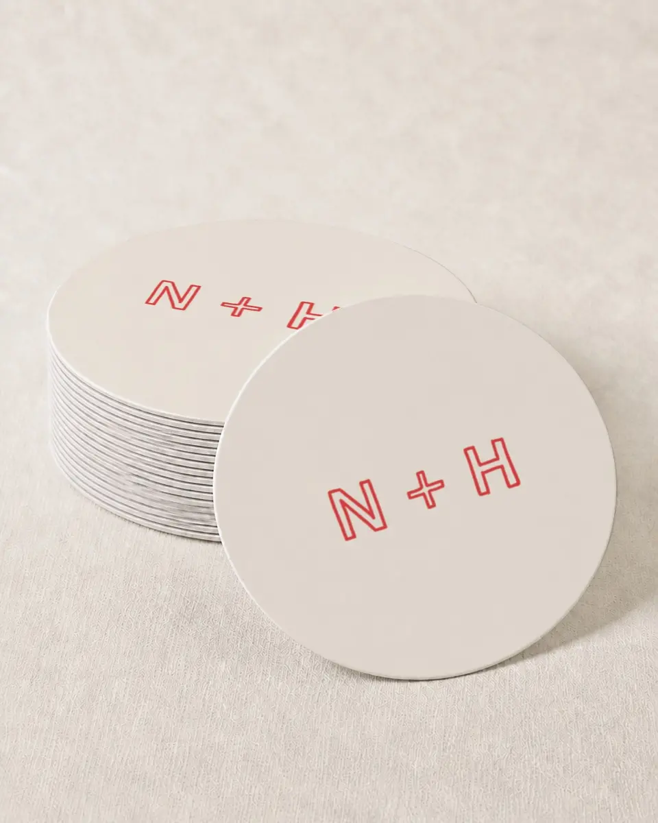 This is a 4" x 4" Wedding Coaster called Bold & Bright printed in full color with Gold foil on Kraft Chipboard paper