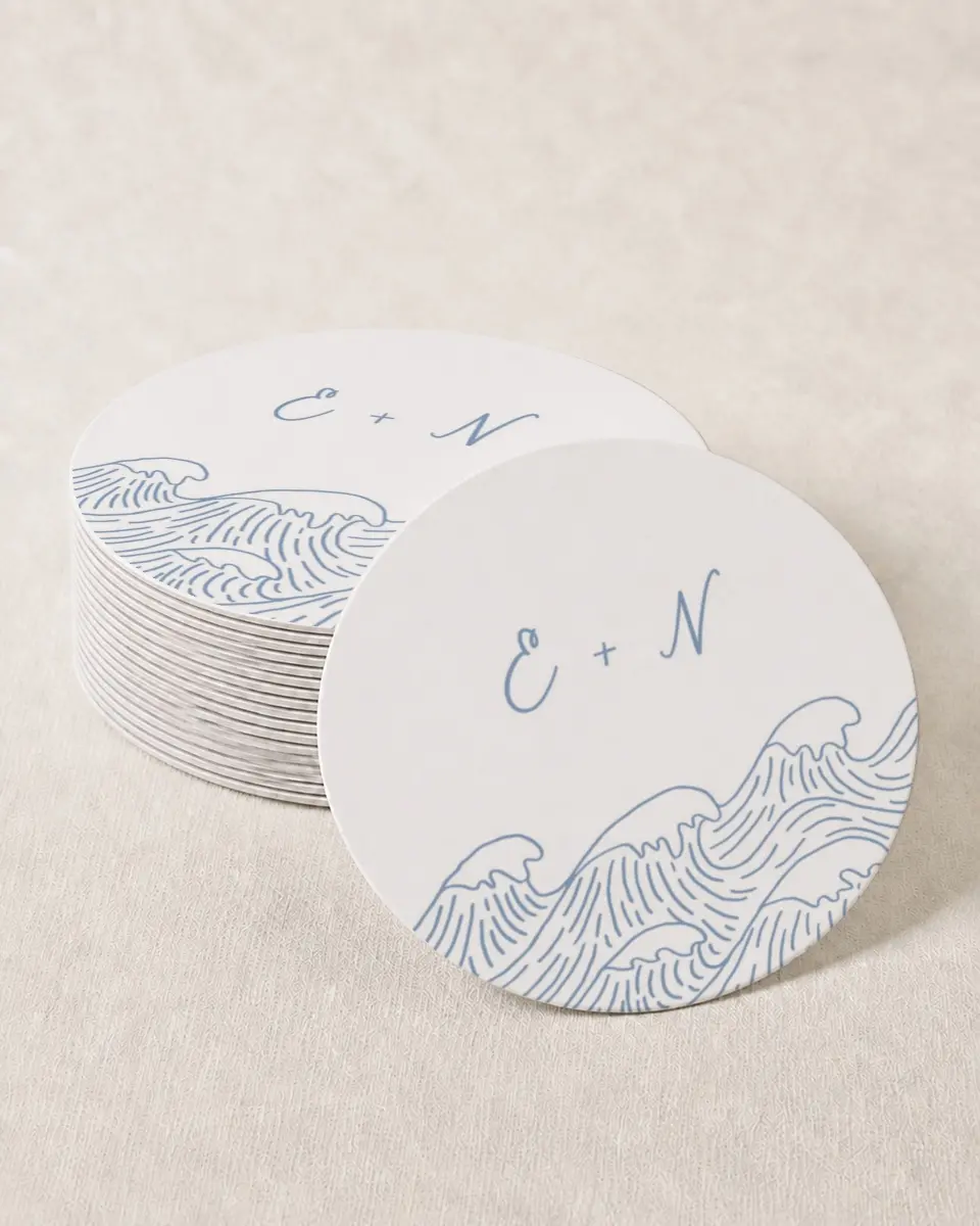 This is a 4" x 4" Wedding Coaster called Wave of Love printed in full color with Gold foil on Kraft Chipboard paper