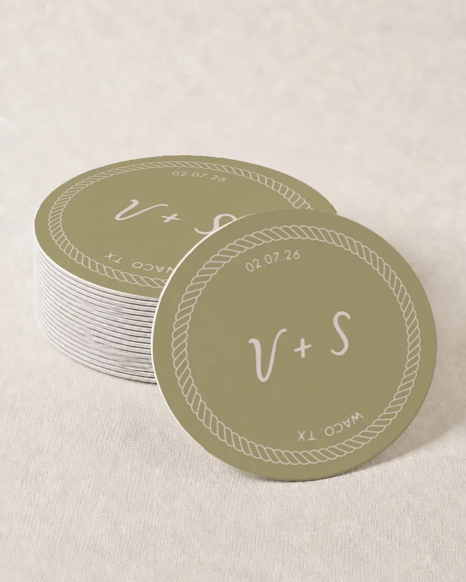 This is a 4" x 4" Wedding Coaster called Western Whimsy printed in full color with Gold foil on Kraft Chipboard paper
