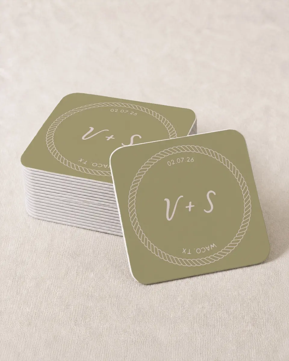 This is a 4" x 4" Wedding Coaster called Western Whimsy printed in full color on Kraft Chipboard paper