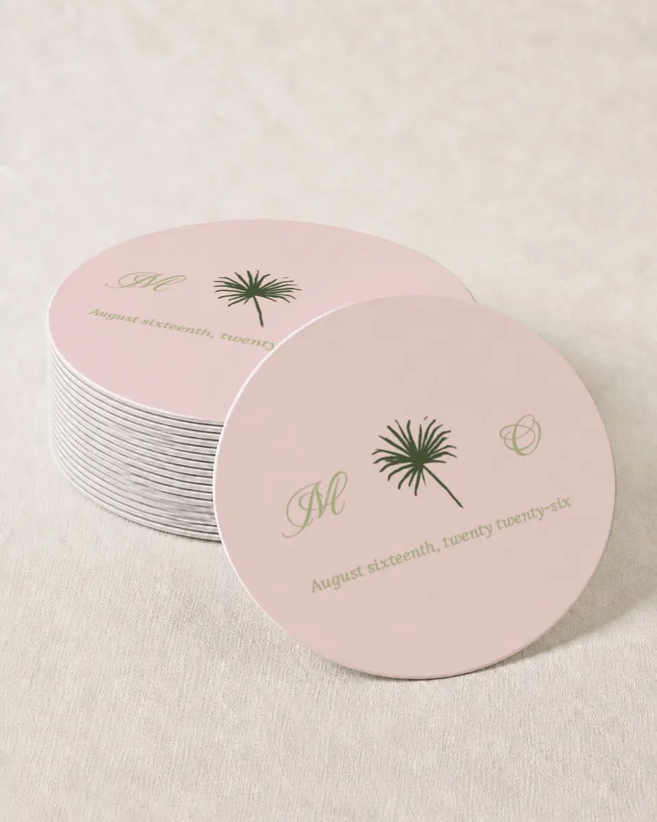 This is a 4" x 4" Wedding Coaster called Palm Paradise printed in full color with Gold foil on Kraft Chipboard paper