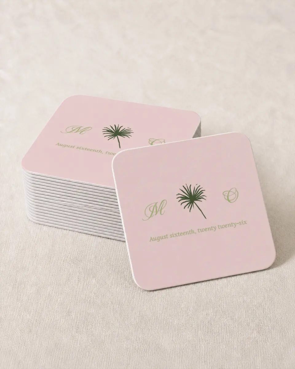 This is a 4" x 4" Wedding Coaster called Palm Paradise printed in full color on Kraft Chipboard paper