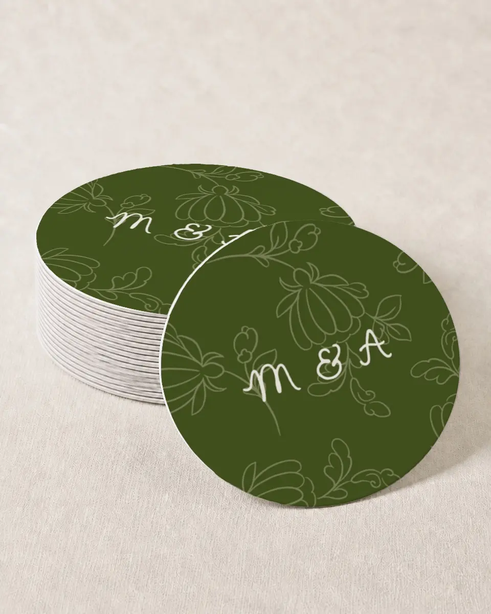 This is a 4" x 4" Wedding Coaster called Evergreen Elegance printed in full color with Gold foil on Kraft Chipboard paper