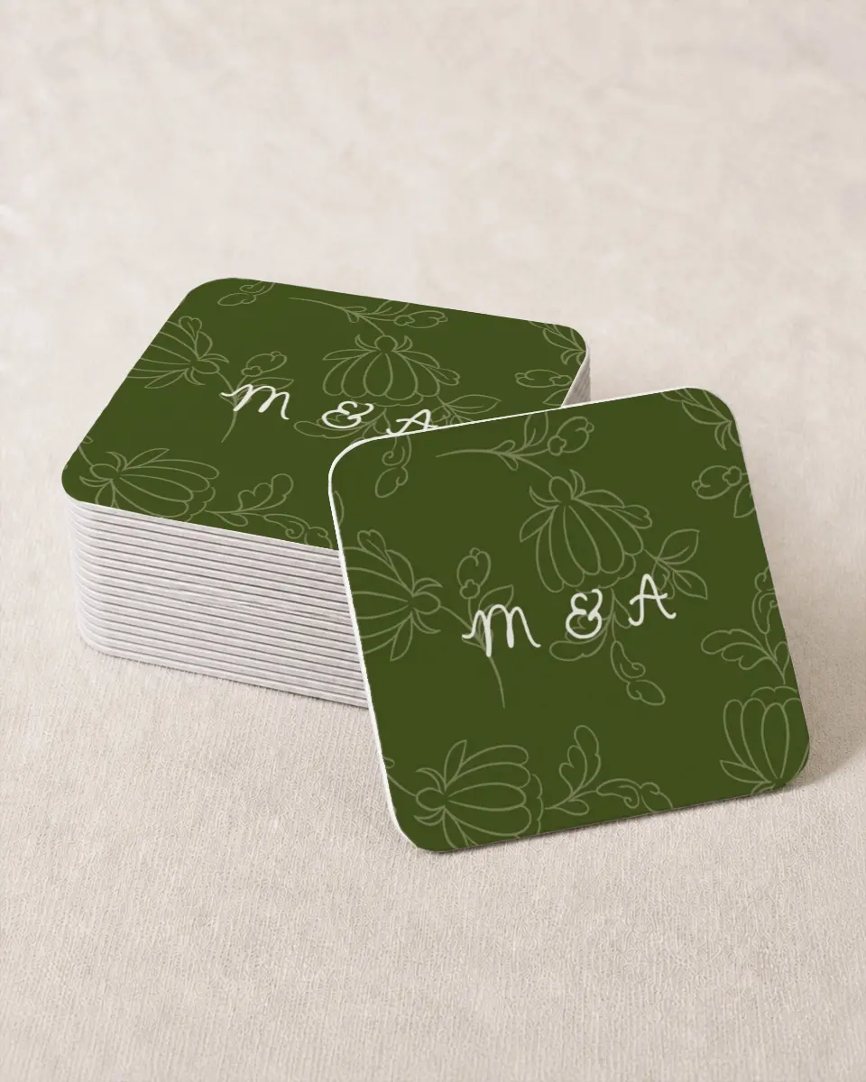 This is a 4" x 4" Wedding Coaster called Evergreen Elegance printed in full color on Kraft Chipboard paper