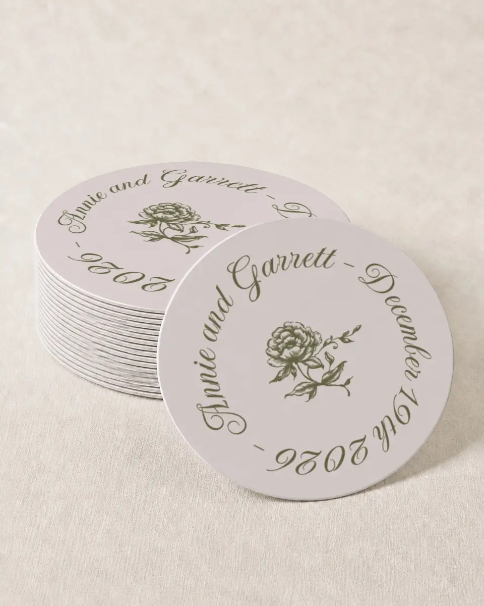 This is a 4" x 4" Wedding Coaster called Meadow of Merriment printed in full color with Gold foil on Kraft Chipboard paper