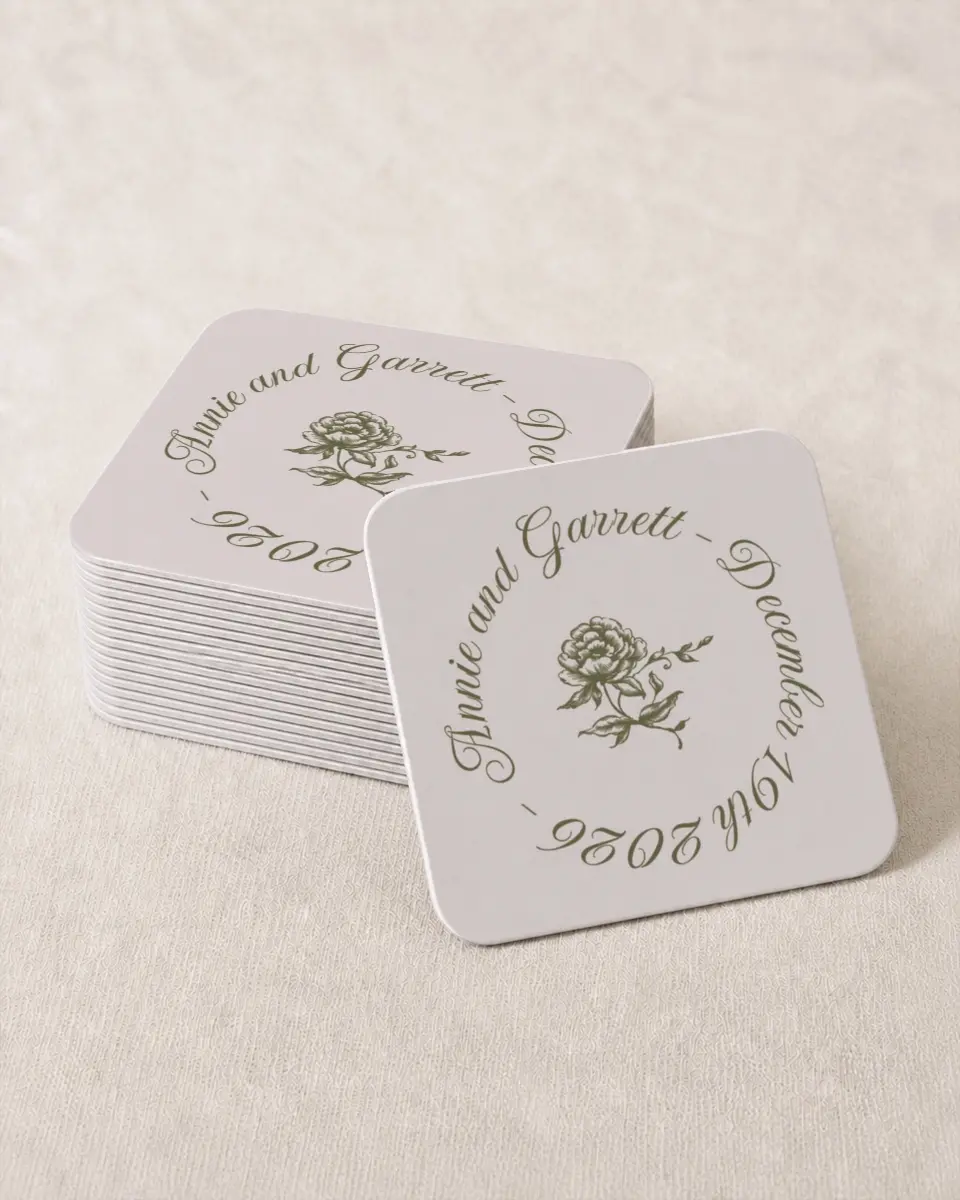 This is a 4" x 4" Wedding Coaster called Meadow of Merriment printed in full color on Kraft Chipboard paper