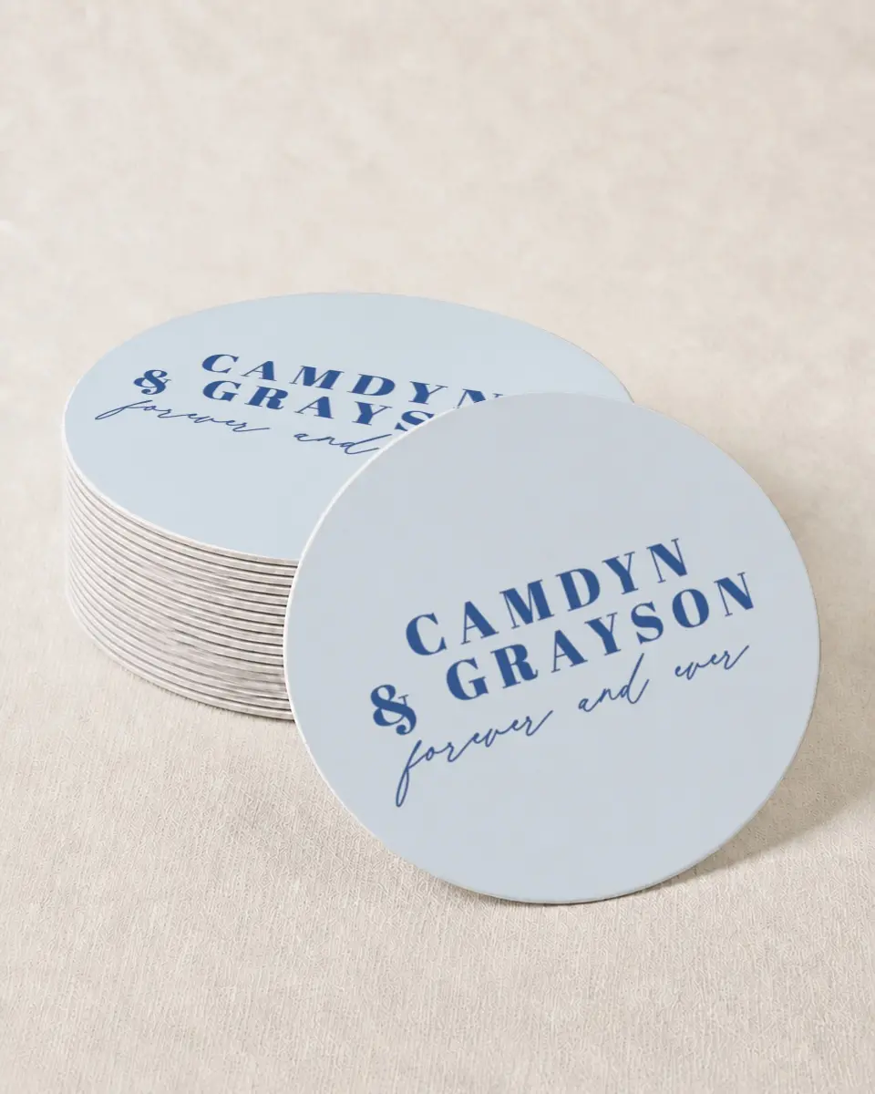 This is a 4" x 4" Wedding Coaster called Forever and Ever printed in full color with Gold foil on Kraft Chipboard paper
