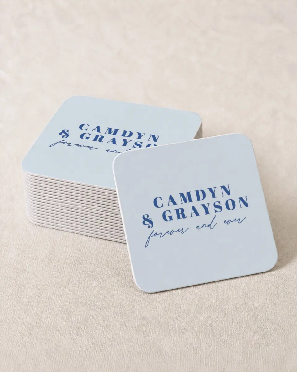 This is a 4" x 4" Wedding Coaster called Forever and Ever printed in full color with Gold foil on Kraft Chipboard paper