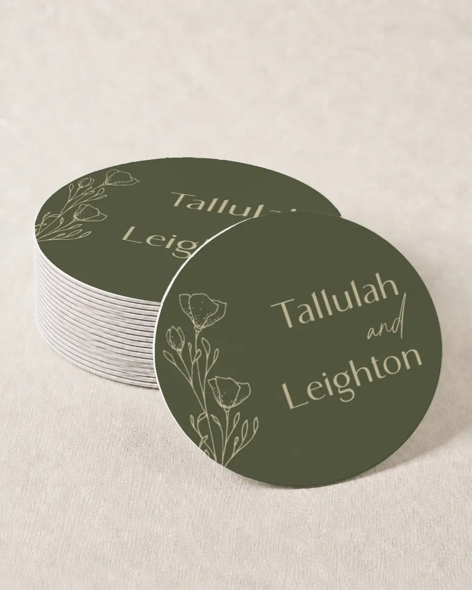 This is a 4" x 4" Wedding Coaster called Idyllic Love printed in full color on Kraft Chipboard paper