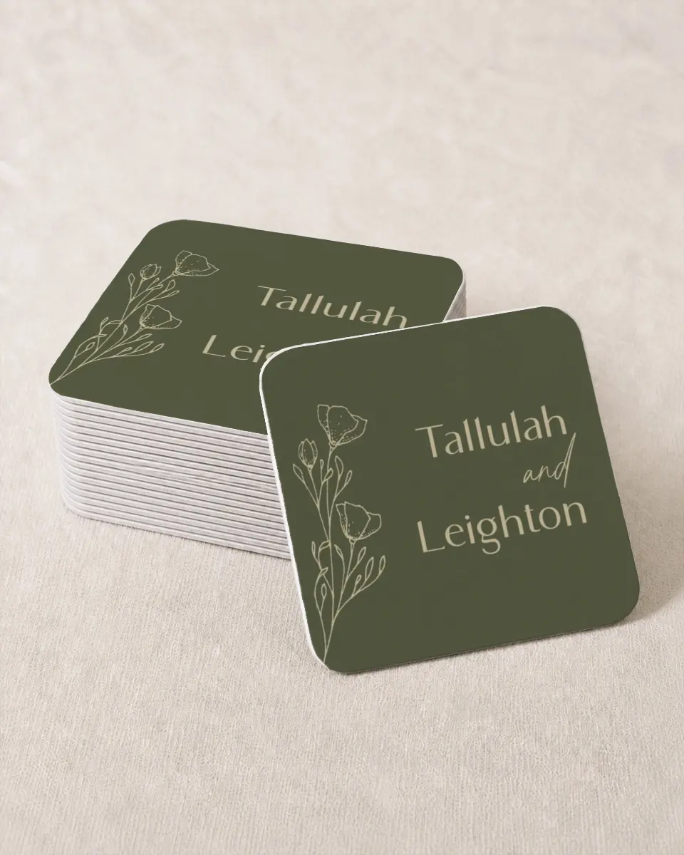 This is a 4" x 4" Wedding Coaster called Idyllic Love printed in full color with Gold foil on Kraft Chipboard paper