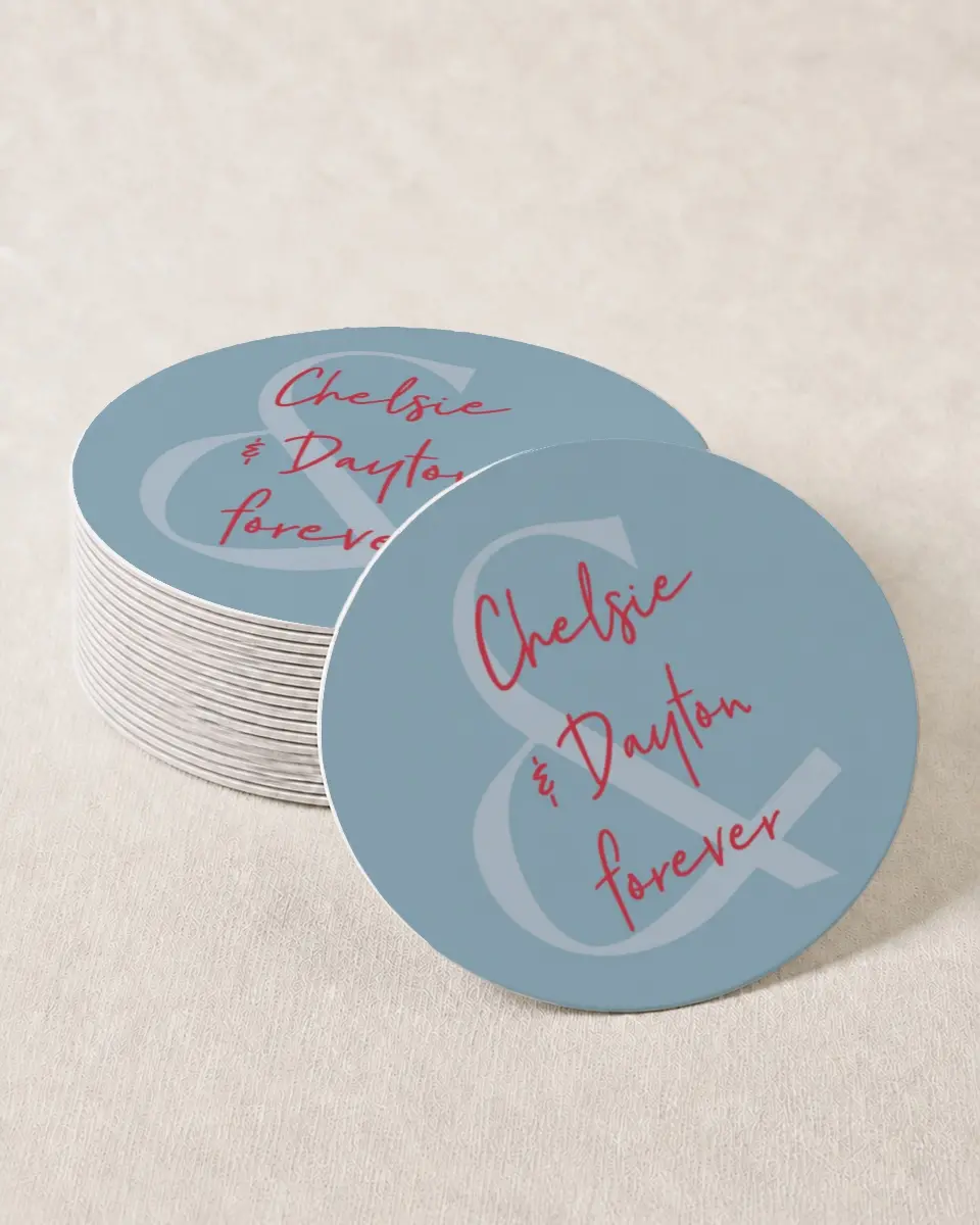 This is a 4" x 4" Wedding Coaster called Lovey-Dovey printed in full color on Kraft Chipboard paper