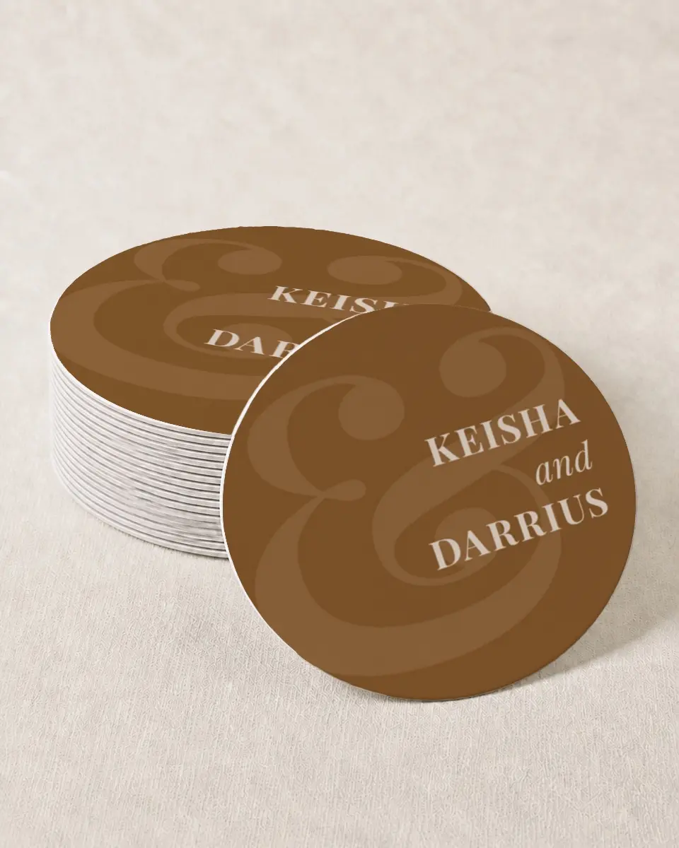This is a 4" x 4" Wedding Coaster called Bold Romance printed in full color with Gold foil on Kraft Chipboard paper