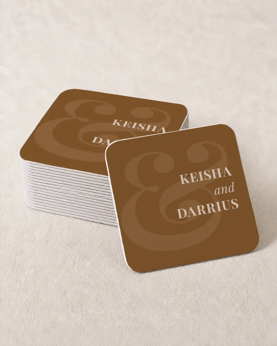 This is a 4" x 4" Wedding Coaster called Bold Romance printed in full color on Kraft Chipboard paper