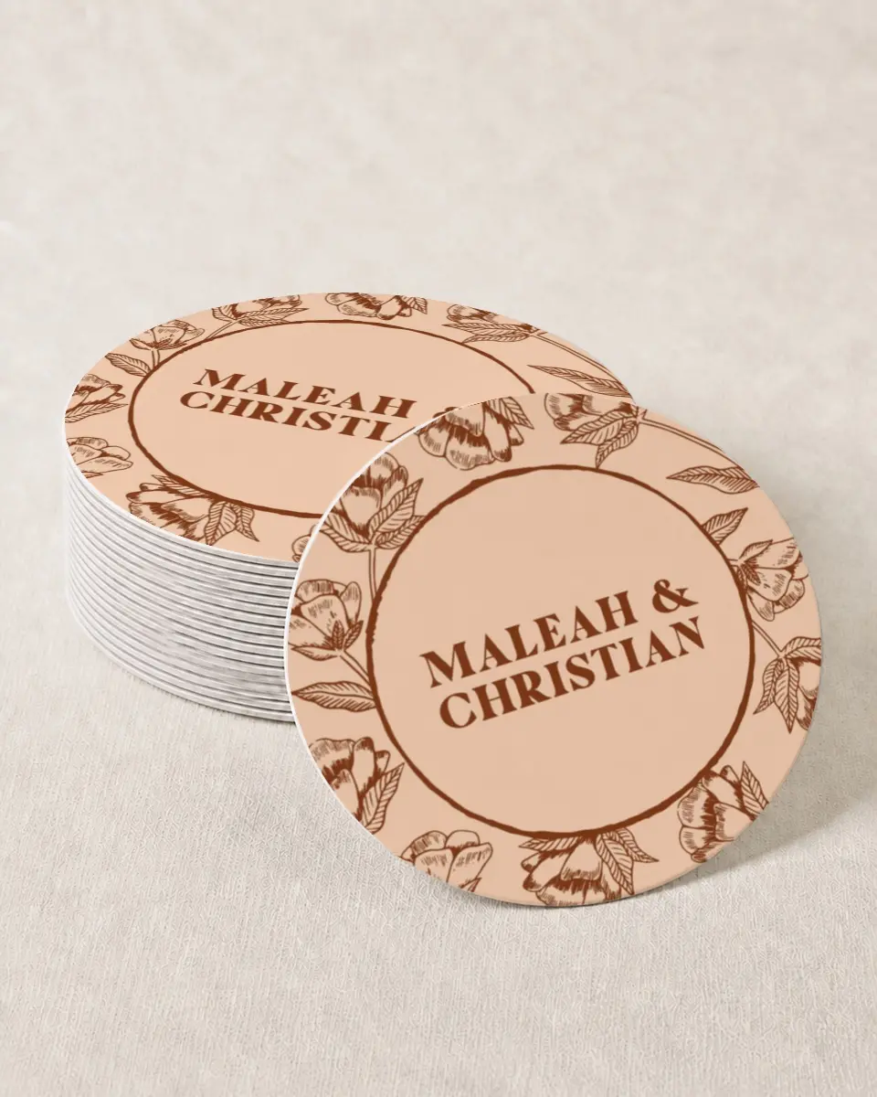 This is a 4" x 4" Wedding Coaster called Agrestal printed in full color with Gold foil on Kraft Chipboard paper