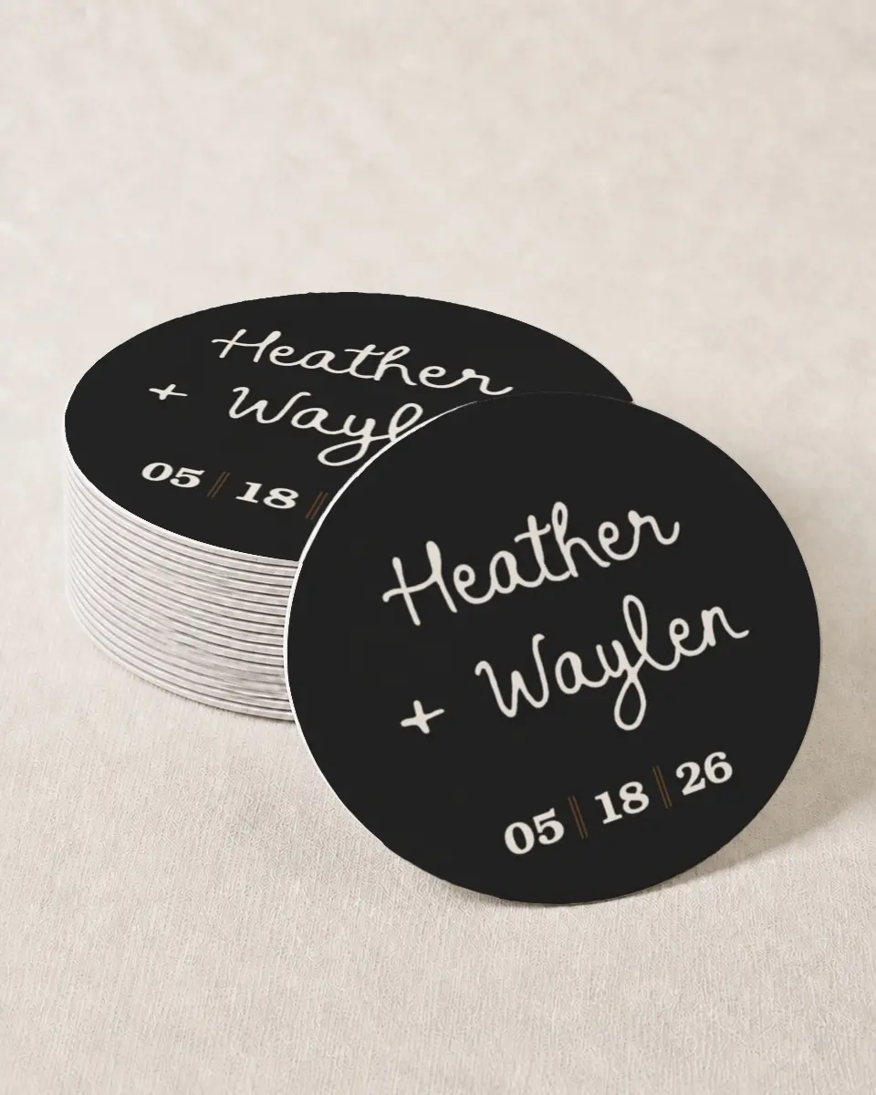 This is a 4" x 4" Wedding Coaster called Head Over Boots printed in full color on Kraft Chipboard paper