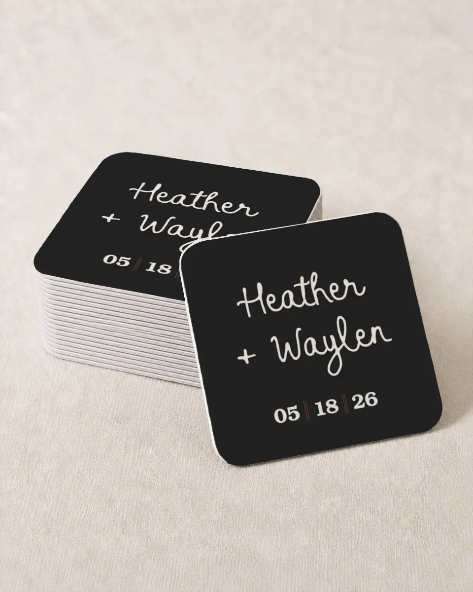 This is a 4" x 4" Wedding Coaster called Head Over Boots printed in full color with Gold foil on Kraft Chipboard paper
