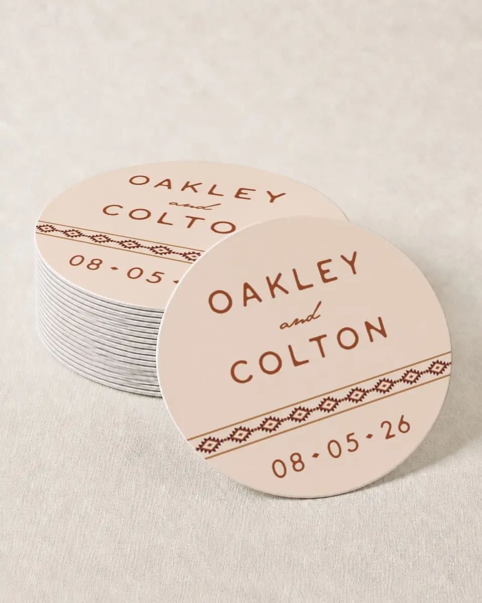 This is a 4" x 4" Wedding Coaster called Wild at Heart printed in full color with Gold foil on Kraft Chipboard paper