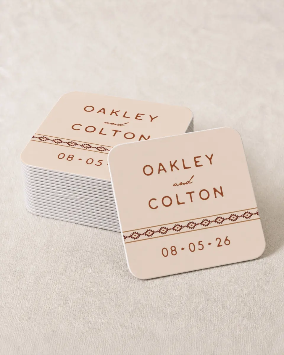 This is a 4" x 4" Wedding Coaster called Wild at Heart printed in full color on Kraft Chipboard paper
