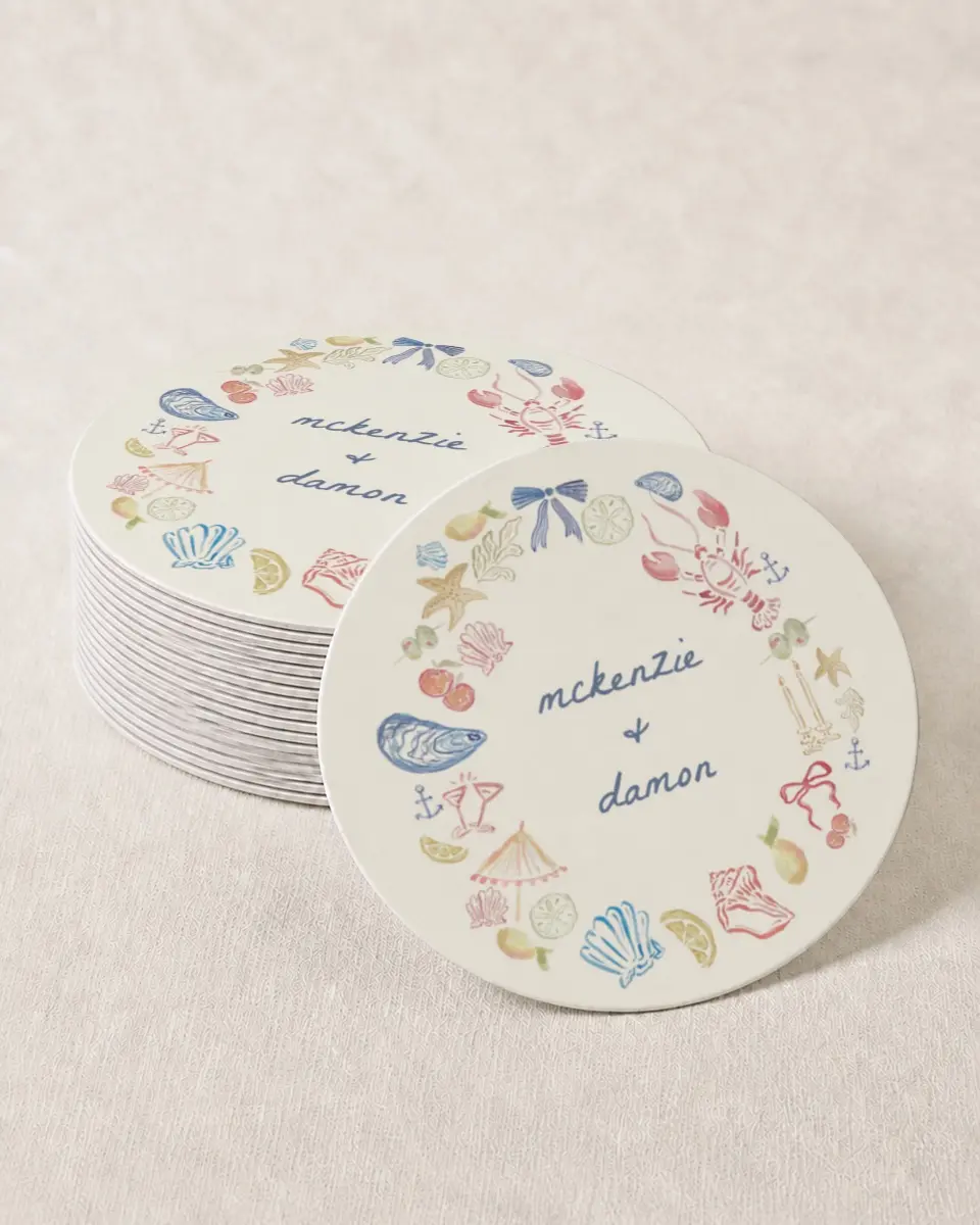 This is a 4" x 4" Wedding Coaster called Positano Daydream printed in full color with Gold foil on Kraft Chipboard paper