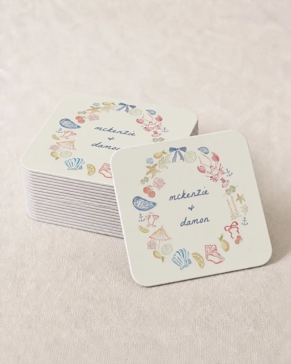 This is a 4" x 4" Wedding Coaster called Positano Daydream printed in full color on Kraft Chipboard paper