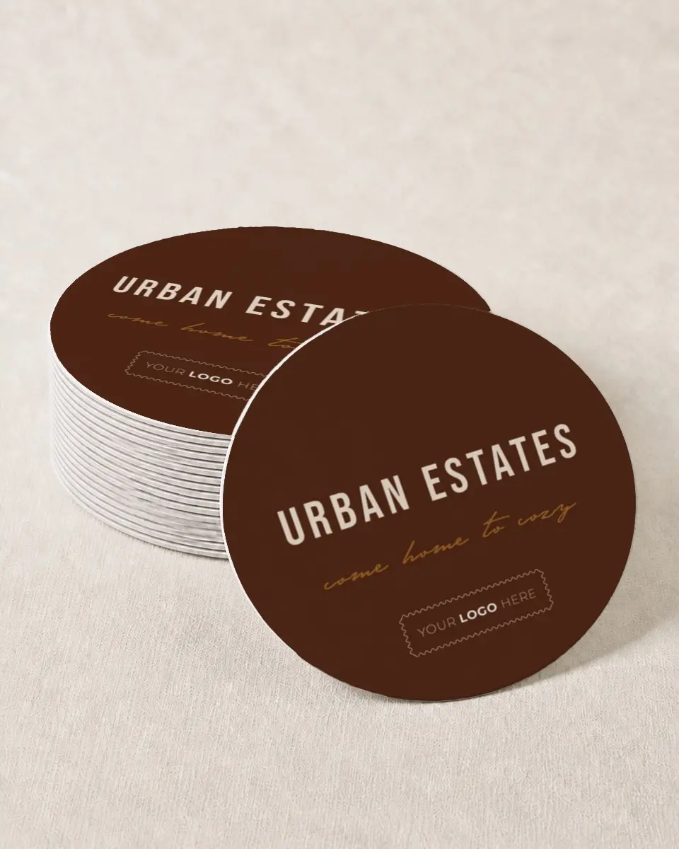 This is a 4" x 4" Wedding Coaster called Urban Essence printed in full color on Kraft Chipboard paper